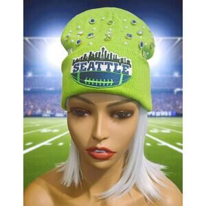 Seattle Seahawks Beanie Lime Green with Rhinestones and Pearls